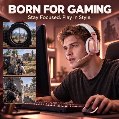 Casque de jeu, casque supra-auriculaire Bluetooth et filaire avec éclairage RGB, microphone, coussinets d’oreille souples pour jeux sur PC et mobile, couleur or rose.