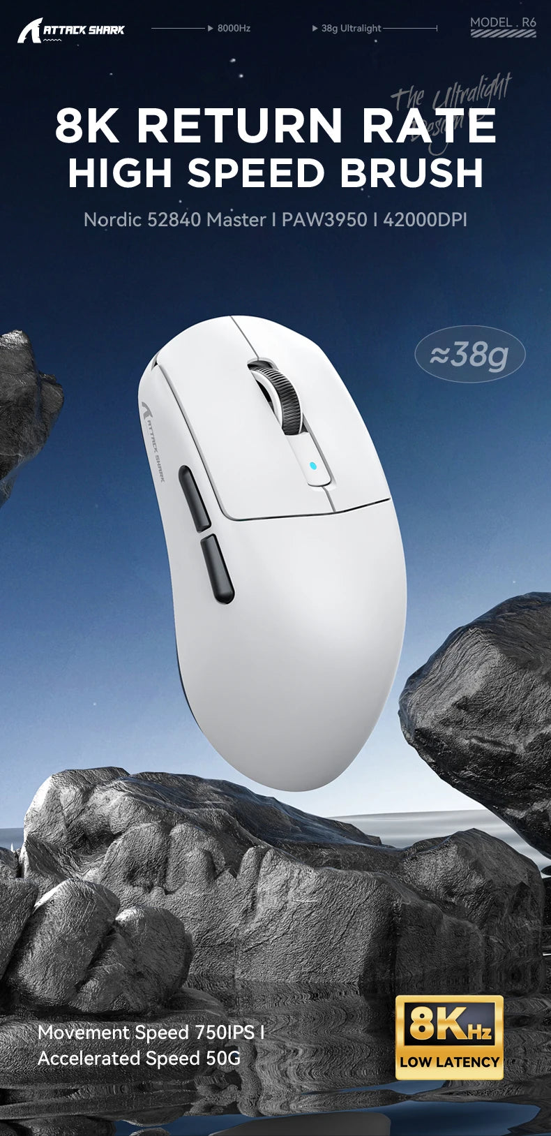 ATTACK SHARK R6 PAW3950MAX Wireless Gaming Mouse, 8Khz Polling, Ultralight 39g, Nordic 52840 MCU, Omron Optical Microswitches