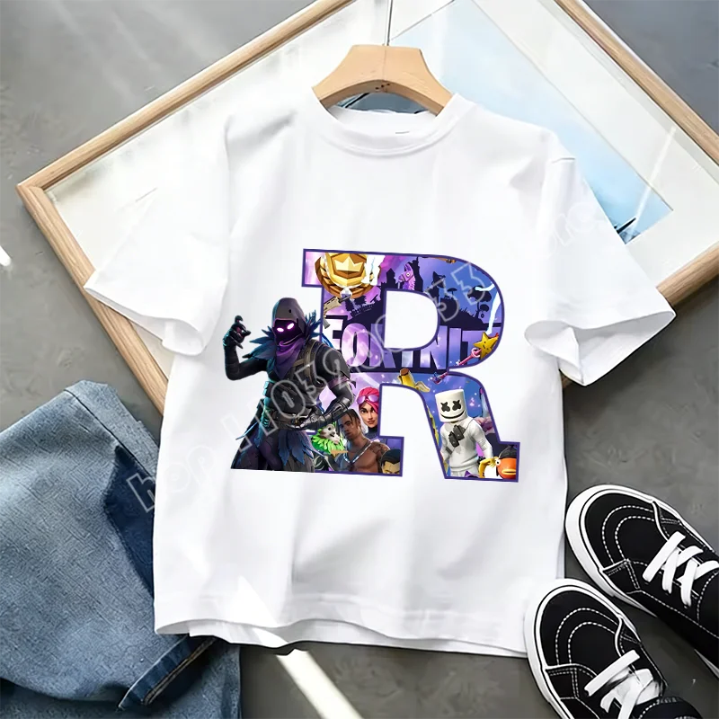 Fortnite A-Z Alphabet Print T-Shirt für Kinder, Sommer, weiß, beliebtes Cartoon-Game-Shirt, modisches Casual-Kurzarmtop, Geschenk