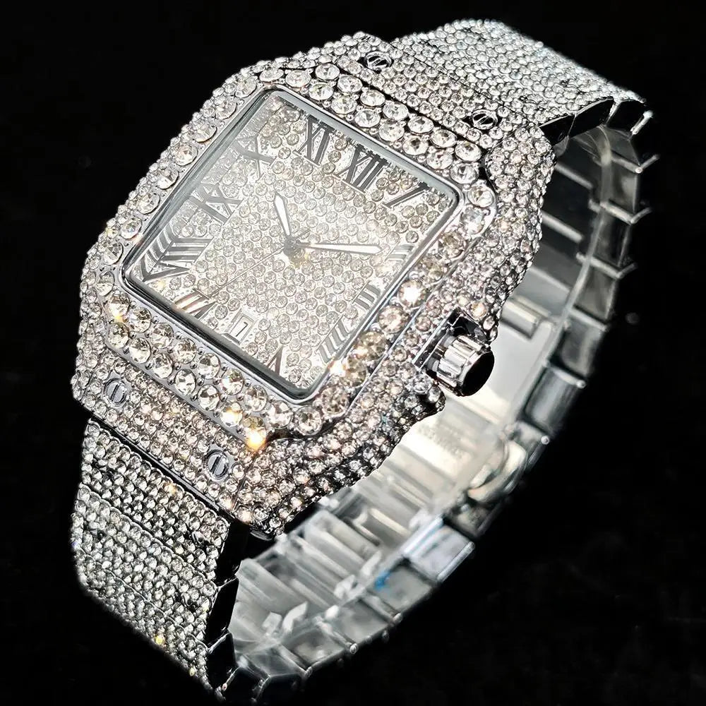 Hot UNIGUET Men's Square Watch Luxury Hip Hop Diamond Jewelry Waterproof Stainless Steel Quartz Wristwatch Fashion Man Accessory