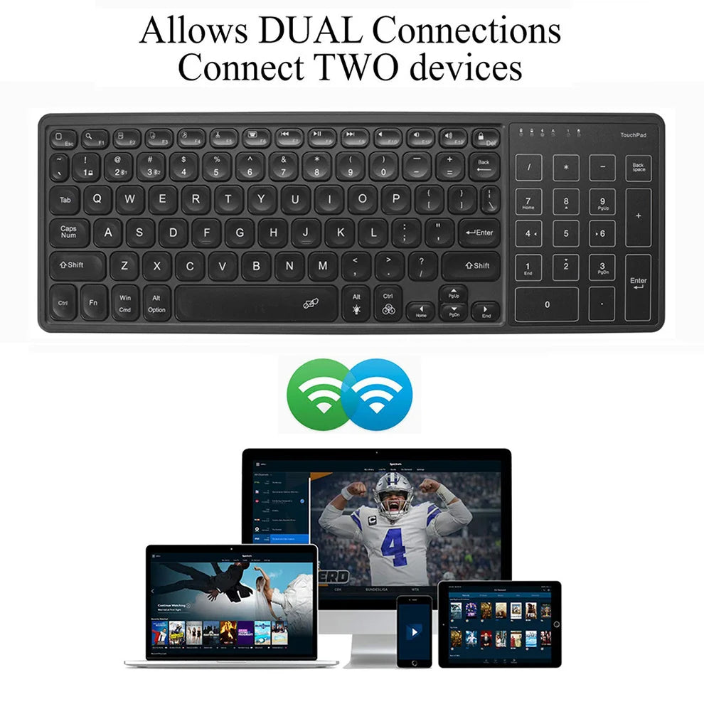Backlit 7-Colors Bluetooth Keyboard with Touchpad 2.4G Wireless Multimedia Rechargeable Keyboard for Laptop PC Tablet