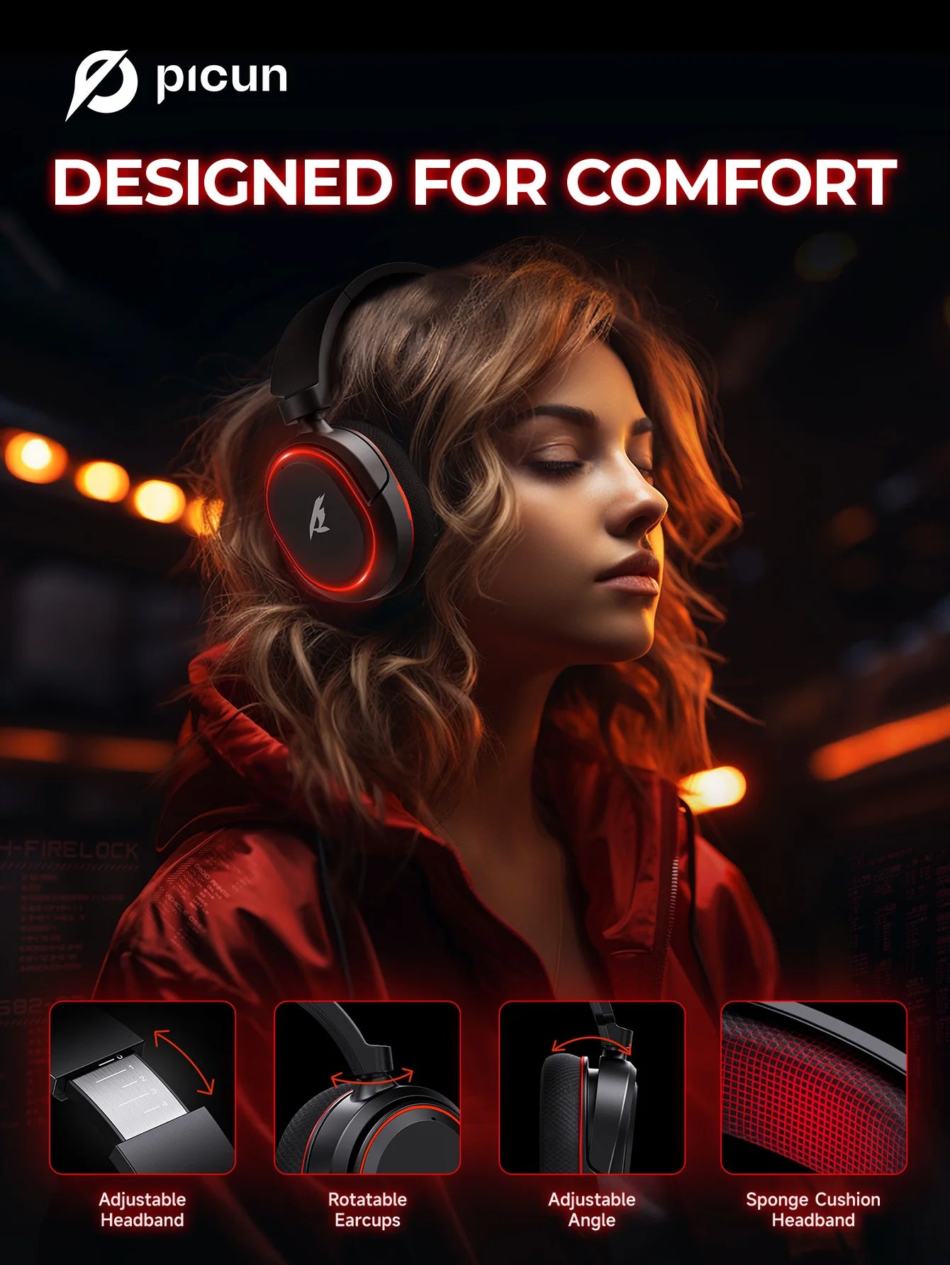 Picun G2 Wireless Gaming Headset Bluetooth 5.3, 7.1 Surround Sound Gaming Headphones, 2.4G Low Latency Wireless Gaming Headset with ENC Microphone for PC, PS5, PS4, Switch & Mobile