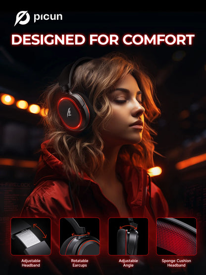 Picun G2 Wireless Gaming Headset Bluetooth 5.3, 7.1 Surround Sound Gaming Headphones, 2.4G Low Latency Wireless Gaming Headset with ENC Microphone for PC, PS5, PS4, Switch & Mobile