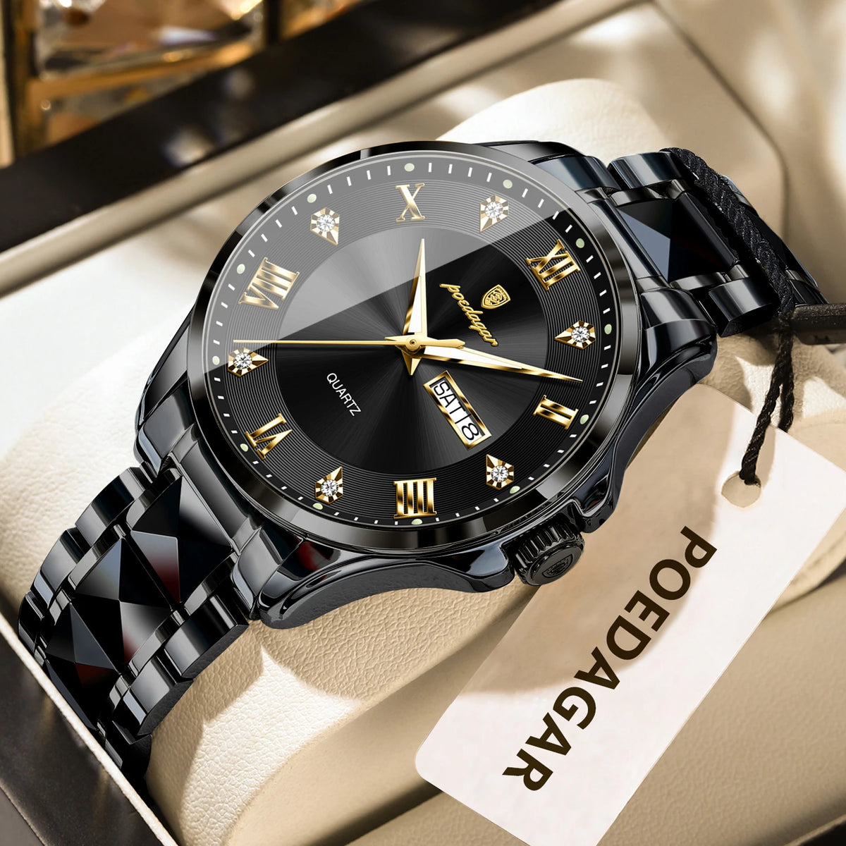 Reloj para hombre POEDAGAR, modelo de lujo original, resistente al agua, luminiscente, con indicador de fecha y día, estilo elegante, caja de acero inoxidable, mecanismo de cuarzo, ideal para el trabajo.