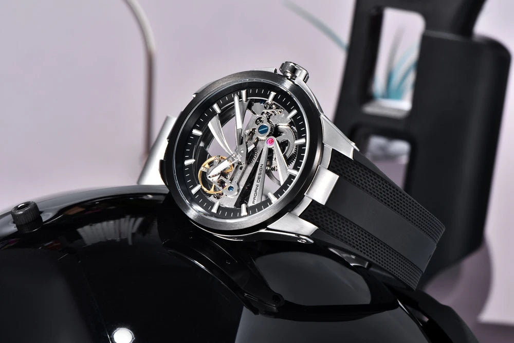 Ανδρικό ρολόι PAGANI DESIGN – Πολυτελές αυτόματο μηχανικό μοντέλο, τύπου «σκελετού» (με ανοιχτή καρδιά), εξοπλισμένο με τουρμπιγιόν, ζαφειρένιο κρύσταλλο με αντιανακλαστική επίστρωση, αδιάβροχο και φωταυγές.