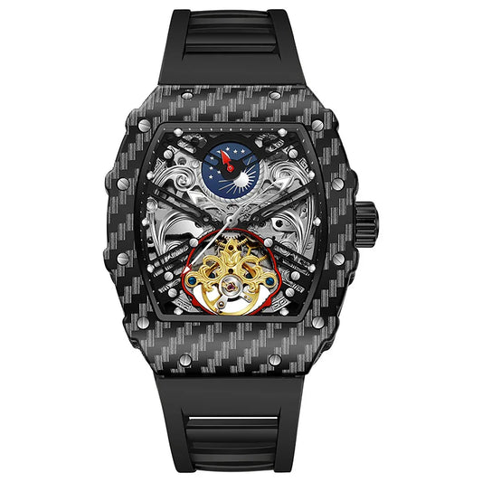 Orologio meccanico Tourbillion da uomo con cinturino in silicone, scheletro tonneau automatico, orologi da uomo di marca premium di lusso, reloj hombre