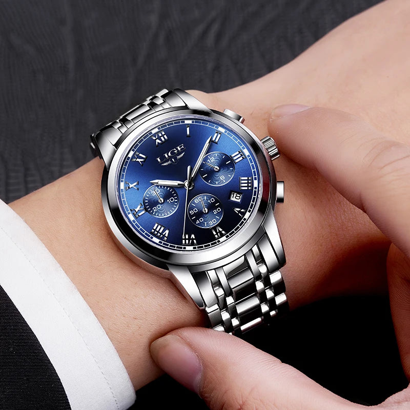 Pánské hodinky LIGE – luxusní chronograf, ležérní sportovní styl, vodotěsné, celokovové, quartzový strojek