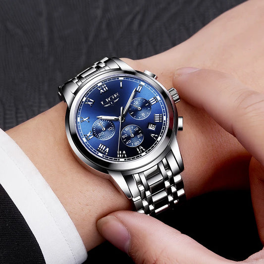 Montre pour homme LIGE – Chronographe de luxe, style sport décontracté, étanche, entièrement en acier, mouvement à quartz