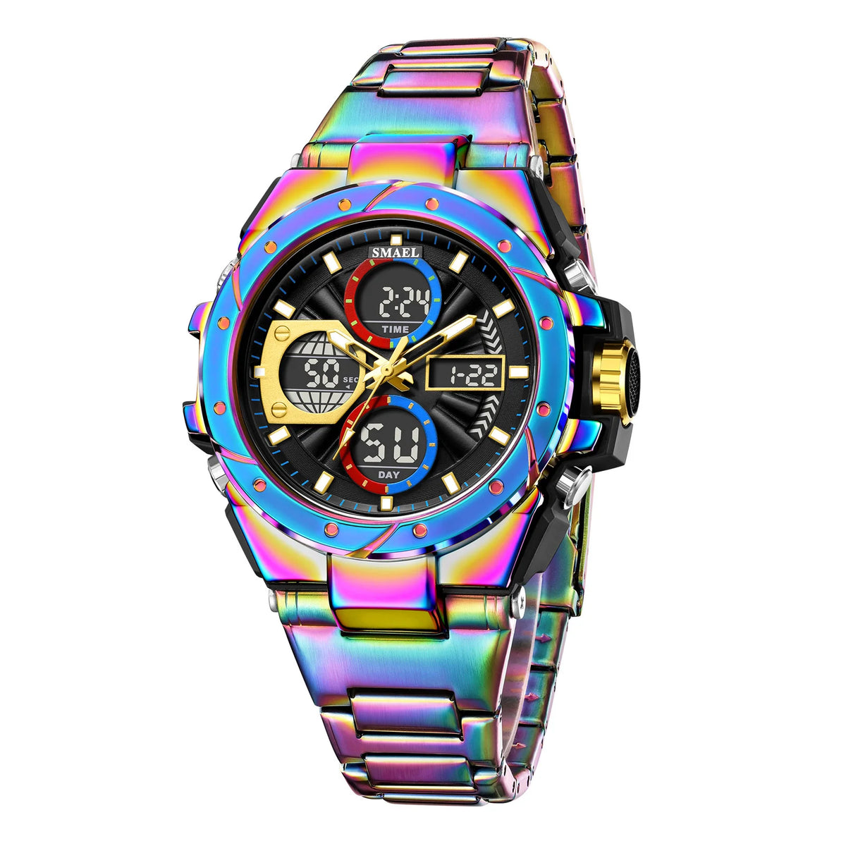 Montre pour homme SMAEL 8160 – Modèle sport militaire, analogique et numérique, en acier inoxydable – Étanche, avec affichage LED, alarme, chronographe et chronomètre