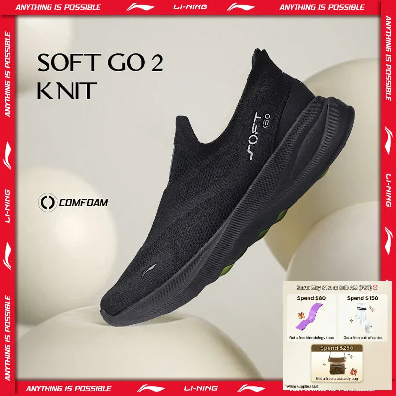 Męskie buty Li-Ning SOFT GO 2 KNIT slip-on do chodzenia, casualowe, amortyzowane, wygodne i stabilne, z siateczki LiNing, sneakersy sportowe do joggingu i na co dzień AGLV017