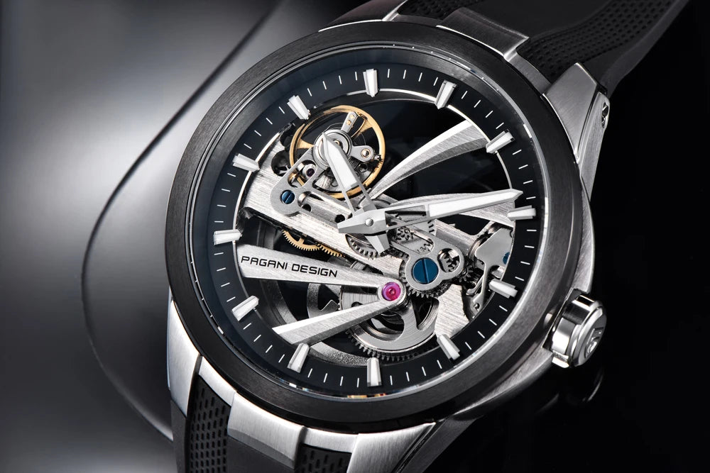 Ανδρικό ρολόι PAGANI DESIGN – Πολυτελές αυτόματο μηχανικό μοντέλο, τύπου «σκελετού» (με ανοιχτή καρδιά), εξοπλισμένο με τουρμπιγιόν, ζαφειρένιο κρύσταλλο με αντιανακλαστική επίστρωση, αδιάβροχο και φωταυγές.