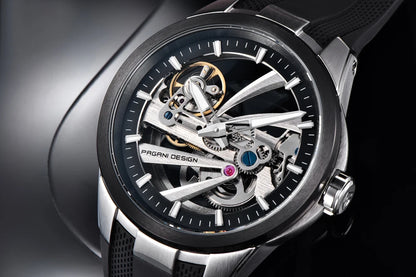 Ανδρικό ρολόι PAGANI DESIGN – Πολυτελές αυτόματο μηχανικό μοντέλο, τύπου «σκελετού» (με ανοιχτή καρδιά), εξοπλισμένο με τουρμπιγιόν, ζαφειρένιο κρύσταλλο με αντιανακλαστική επίστρωση, αδιάβροχο και φωταυγές.