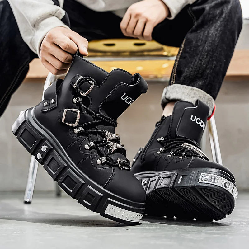 Baskets montantes noires à rivets, mode, pour homme, en cuir, design de luxe, chaussures de ville, style gothique et punk, bottes de moto pour homme, grandes tailles jusqu'à la taille 46