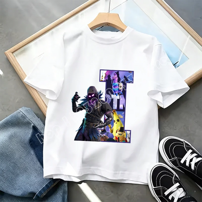 Fortnite A-Z Alphabet Print T-Shirt für Kinder, Sommer, weiß, beliebtes Cartoon-Game-Shirt, modisches Casual-Kurzarmtop, Geschenk