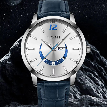 TOMI-kvartsur, elegant i affärsstil, med läderarmband, boett i legering och urtavla med visare – Exklusiv design, presentidé för män