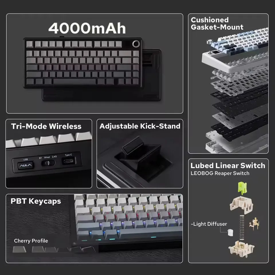 Teclado Mecânico Gaming AULA F75 MAX 2.4G Sem Fios/BT/Com Fio Hot-Swap RGB 75% 81 Teclas Teclado de Escritório com Ecrã TFT