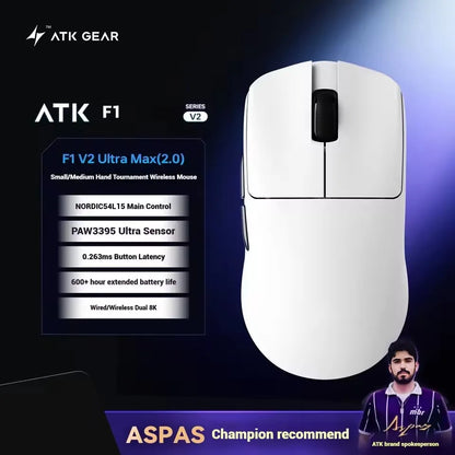ATK Blazing Sky F1 V2 Ultra Max безжична геймърска мишка с двоен режим, олекотена, PAW3950Ultra, Dual 8K, ниска латентност, ергономична, екстремна