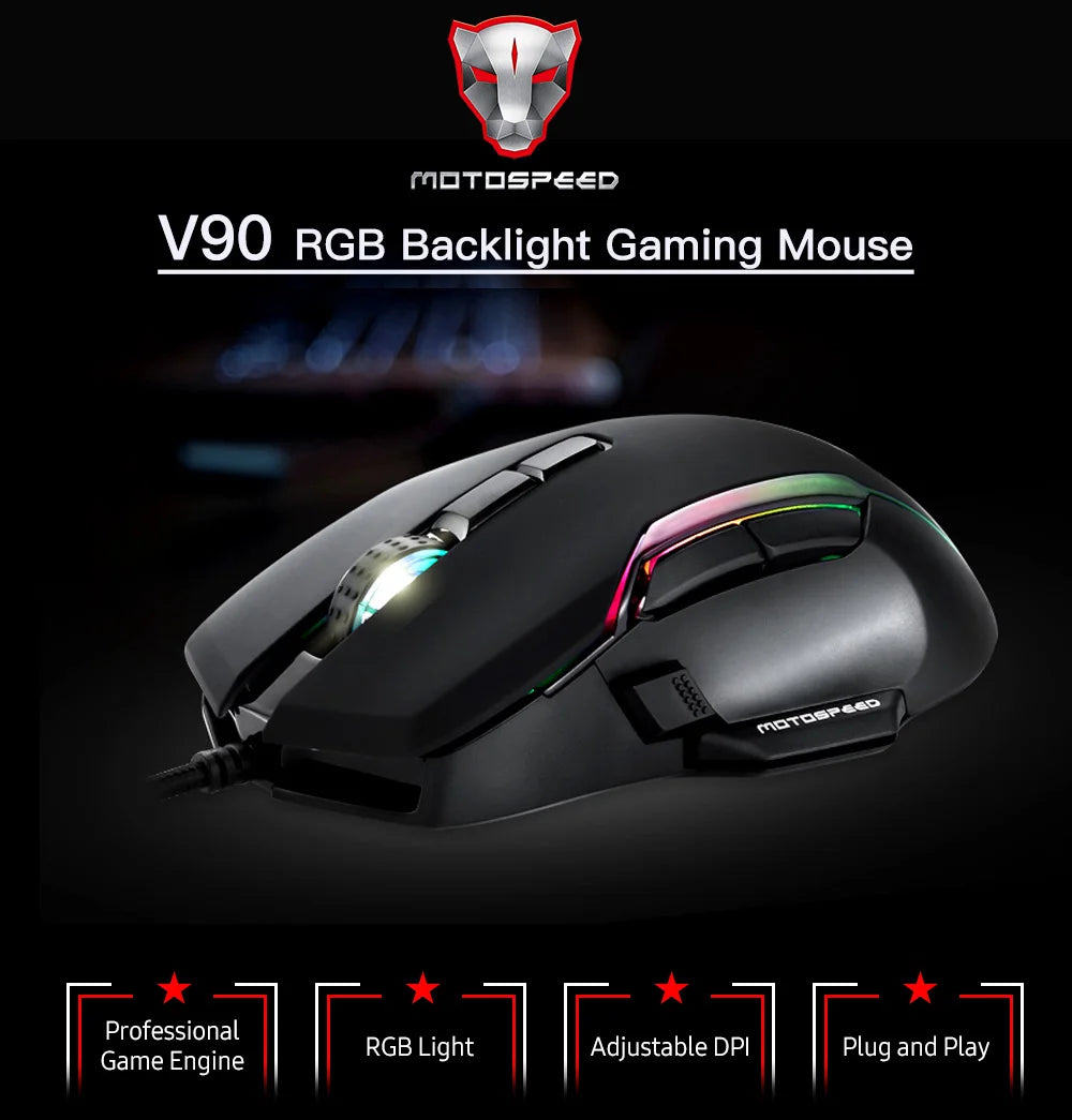 MOTOSPEED V90 Wired Gaming Mouse RGB, 5000 DPI Programmable Gaming Mouse with 9 Buttons, PMW3325 Optical Sensor, USB Wired Gaming Mouse for PC & Laptop