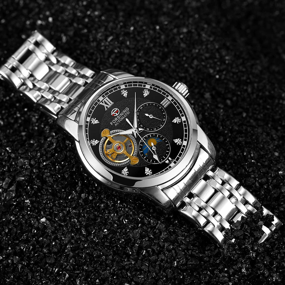 Forsining mekanisk automatisk herrklocka – Lyxig, affärsmässig och trendig stil, metallarmband, tourbillon, självlysande visare, prydd med syntetiska diamanter