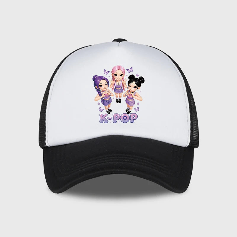 K-POP Cute Cartoon Girl Group Print Sponge Mesh Cap | Unisex Adjustable Mesh Baseball Cap | Y2K K-Pop Fan Street Style Sun Hat