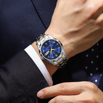 Męski zegarek POEDAGAR Business Luxury, wodoodporny, ze stali nierdzewnej, z podświetleniem, z datownikiem i wskaźnikiem dnia tygodnia, w stylu sportowym, na mechanizmie kwarcowym.