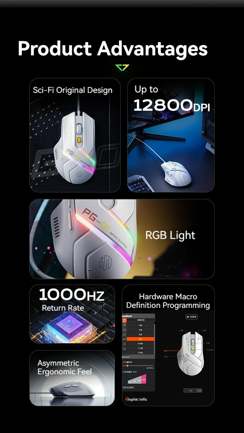 Inphic Pg1 Wired Gaming Mouse, RGB Light Emitting, Macro Programming, 12800 DPI, 6 Keys, Computer Mouse, 1000Hz Polling Rate