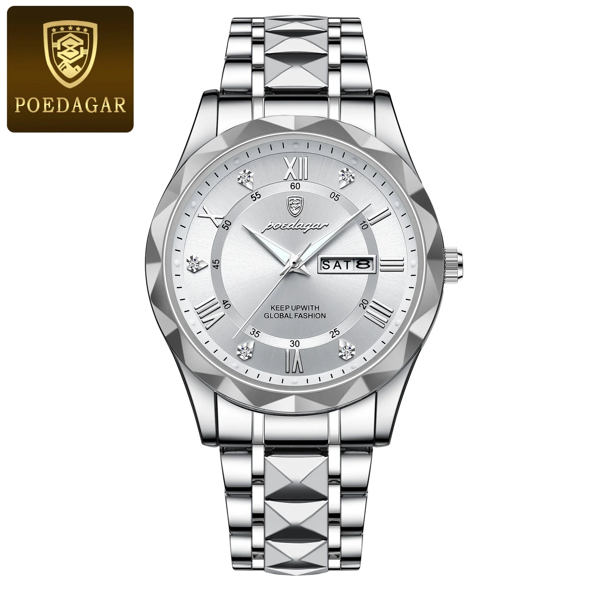 Męski zegarek POEDAGAR Business Luxury, wodoodporny, ze stali nierdzewnej, z podświetleniem, z datownikiem i wskaźnikiem dnia tygodnia, w stylu sportowym, na mechanizmie kwarcowym.