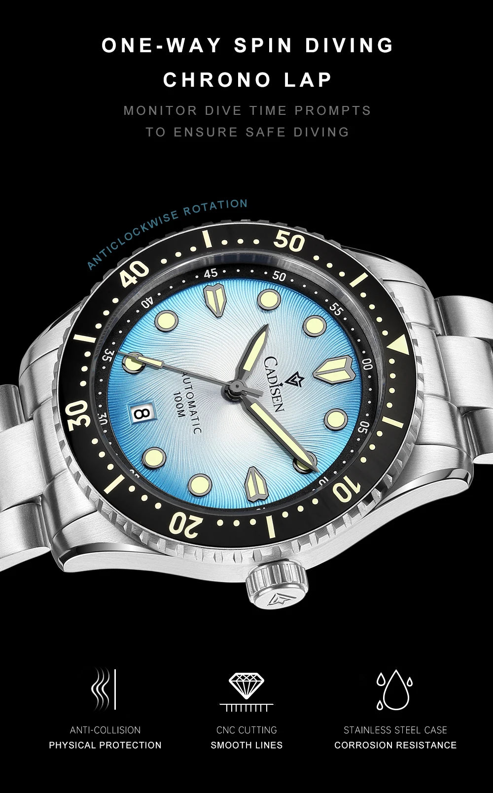 CADISEN Mechanical Automatic Watch Luxury Sapphire Japan MIYOTA 8215 Blue Wristwatch Ceramic Ring Waterproof Gift Men Watch