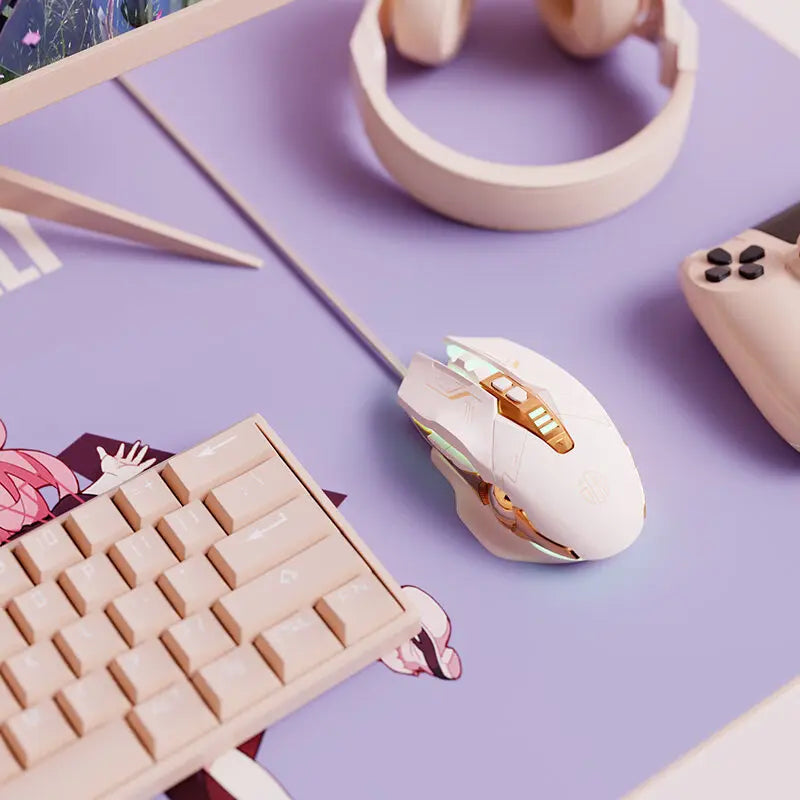 Factory Sales Inphic W8 Wired Gaming Mouse 4000DPI 7 Buttons Macro Definition RGB Breathable Lamp Silent Computer Pink Mouse