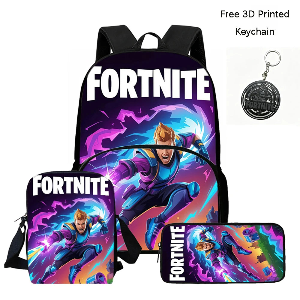 FORTNITE 3Pcs School Backpack Set,Front Pocket Bag Crossbody Pencil Case,Age5-10 Boys Girls Lightweight,Free 3D Printed Keychain