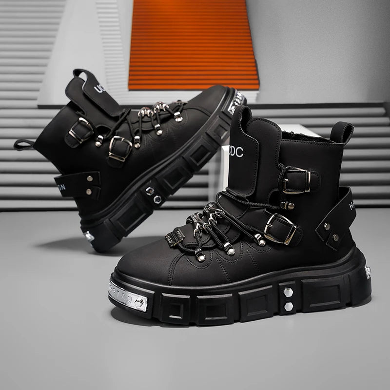 Baskets montantes noires à rivets, mode, pour homme, en cuir, design de luxe, chaussures de ville, style gothique et punk, bottes de moto pour homme, grandes tailles jusqu'à la taille 46