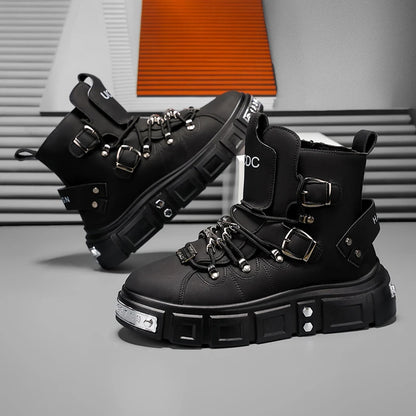 Baskets montantes noires à rivets, mode, pour homme, en cuir, design de luxe, chaussures de ville, style gothique et punk, bottes de moto pour homme, grandes tailles jusqu'à la taille 46