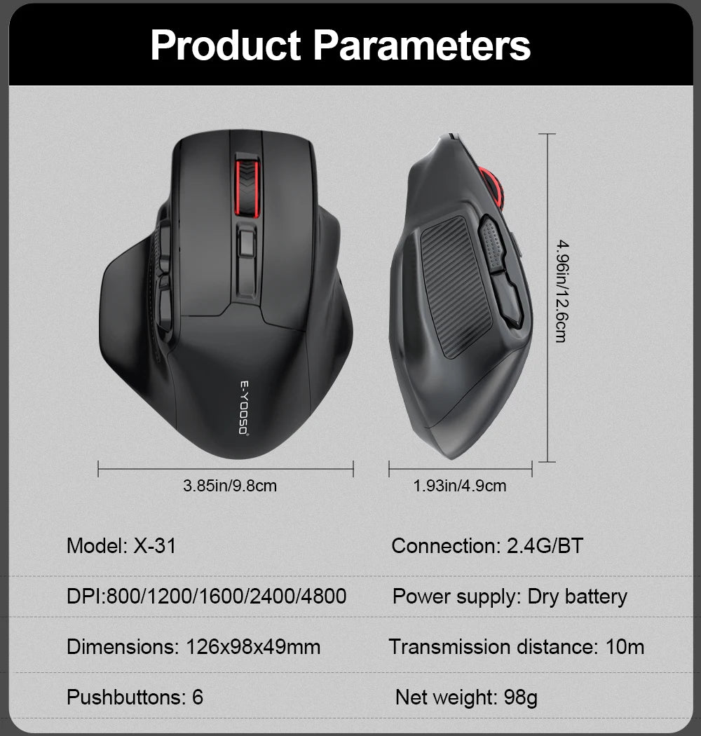 E-YOOSO X-31 Pro USB Gaming Large Mouse, Supports Bluetooth 2.4G Wireless, PAW3212 4800 DPI for Gamer Mice, Computer, Laptop, PC