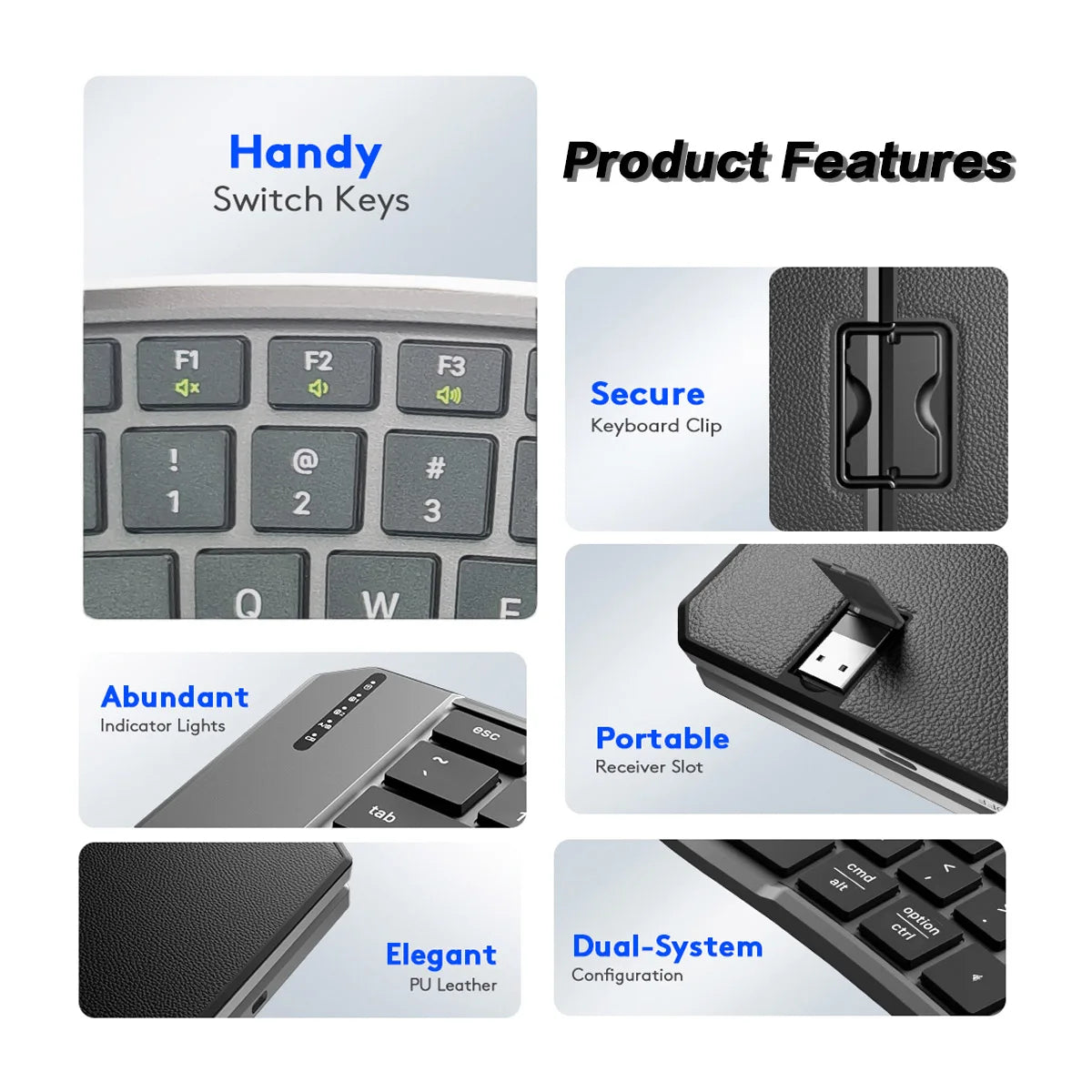 Ergonomic Foldable Bluetooth Keyboard,Split Compact Portable Keyboard for Business Travel,Folding Rechargeable Wireless Keyboard