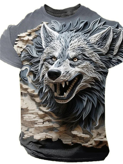 Herre-T-shirt med 3D-ulvprint, realistisk dyremotiv, rund hals, korte ærmer, cool streetwear, afslappet, åndbar T-shirt