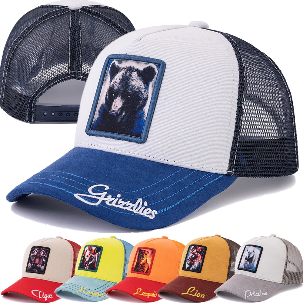 Czapka typu trucker unisex z naszywką w wzór Grizzlies, zamszowa czapka przeciwsłoneczna, letnia czapka baseballowa z motywem zwierzęcym dla mężczyzn i kobiet