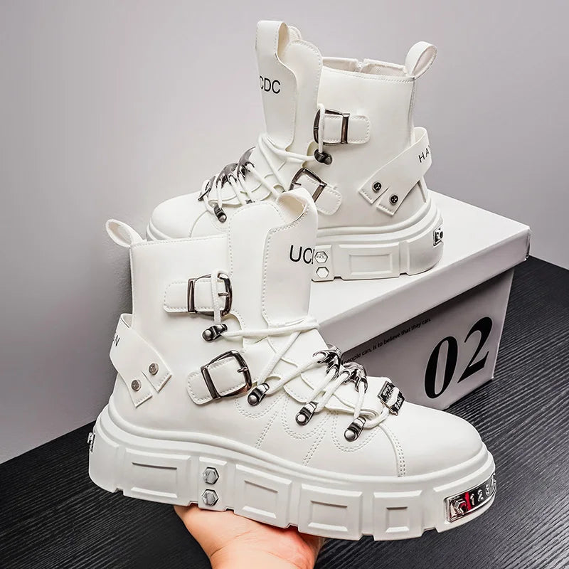 Baskets montantes noires à rivets, mode, pour homme, en cuir, design de luxe, chaussures de ville, style gothique et punk, bottes de moto pour homme, grandes tailles jusqu'à la taille 46