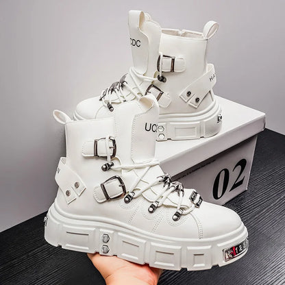 Baskets montantes noires à rivets, mode, pour homme, en cuir, design de luxe, chaussures de ville, style gothique et punk, bottes de moto pour homme, grandes tailles jusqu'à la taille 46