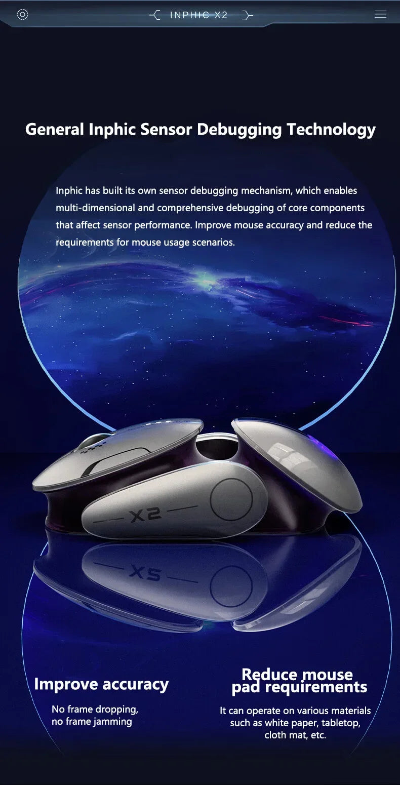 Mouse wireless Bluetooth in metallo Inphic X2 tri-mode, silenzioso, ricaricabile, e-sport, retroilluminato, per gaming, PC e laptop, idea regalo