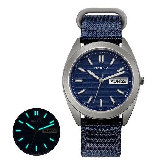 BERNY Titanium Watches for Men Date Week Calendar Sapphire Quartz Watch 38mm Super Luminous Men's Wristwatch 10ATM Lightweight