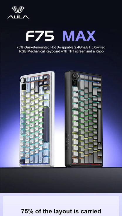 Teclado Mecânico Gaming AULA F75 MAX 2.4G Sem Fios/BT/Com Fio Hot-Swap RGB 75% 81 Teclas Teclado de Escritório com Ecrã TFT