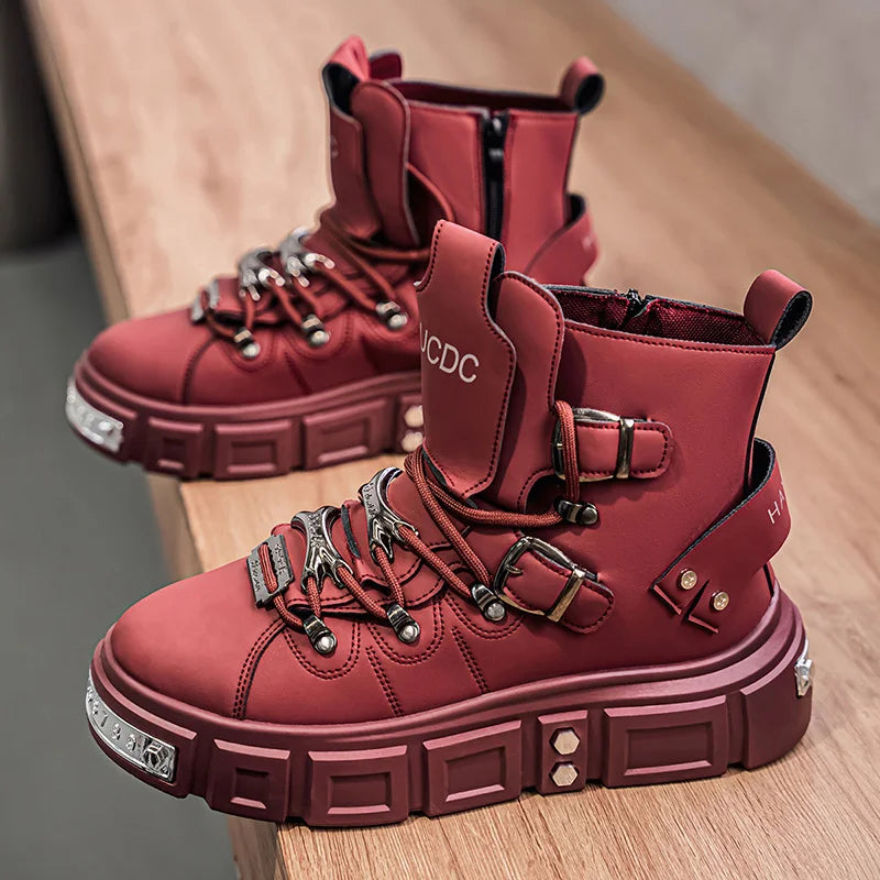 Baskets montantes noires à rivets, mode, pour homme, en cuir, design de luxe, chaussures de ville, style gothique et punk, bottes de moto pour homme, grandes tailles jusqu'à la taille 46