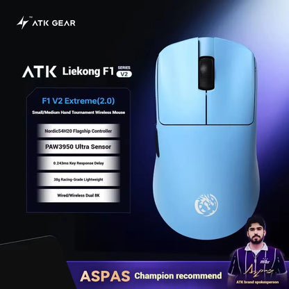 ATK Blazing Sky F1 V2 Ultra Max безжична геймърска мишка с двоен режим, олекотена, PAW3950Ultra, Dual 8K, ниска латентност, ергономична, екстремна