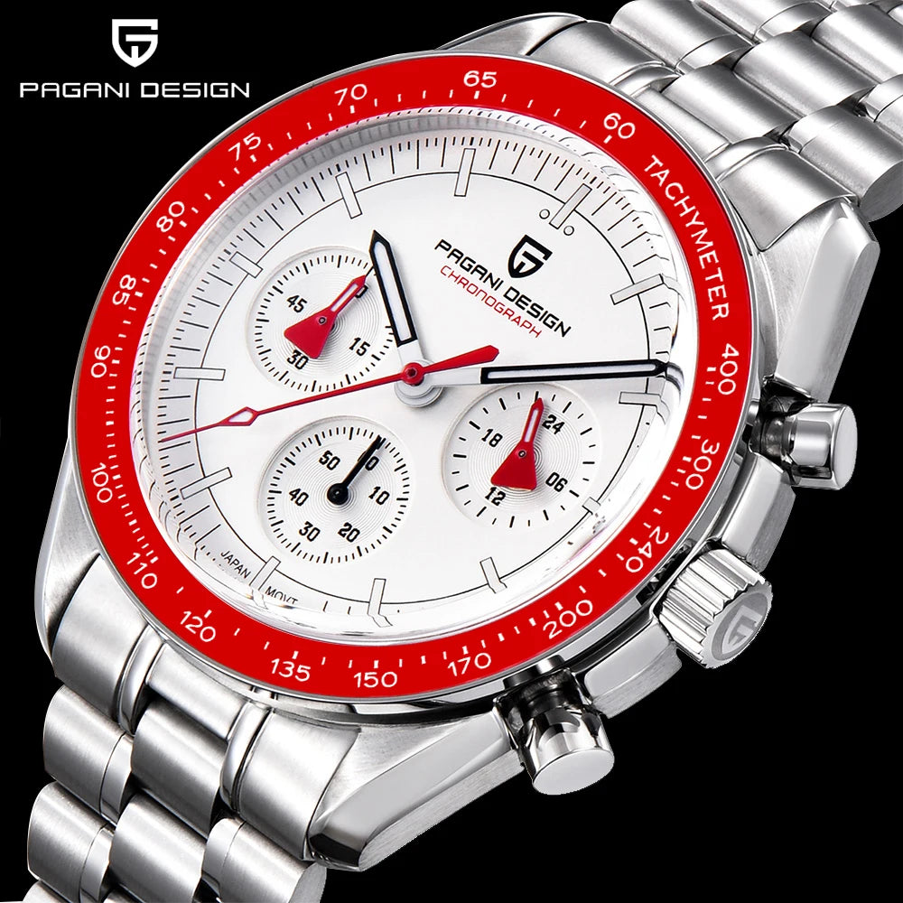 Montre pour homme PAGANI DESIGN « New Moon » – Montre à quartz de luxe, chronographe, verre saphir avec traitement antireflet, lunette en céramique, aiguilles luminescentes