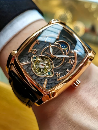 [Reloj mecánico de lujo con tourbillon] Reloj mecánico de lujo con tourbillon ligero para hombre: modelo de gama alta totalmente automático, con un moderno diseño «esqueleto», ideal para un atuendo profesional o