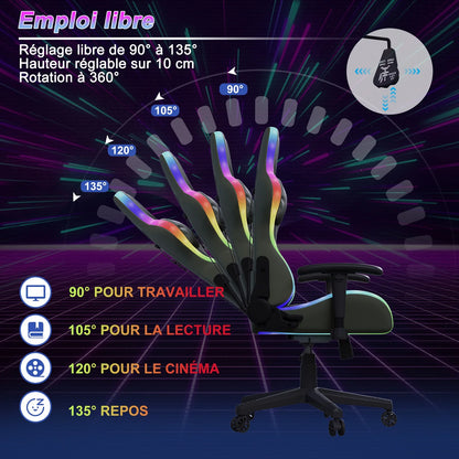 Ergonomic Gaming Chair with Massage Function, RGB LED, 90-135 Degree Recline, Up to 130kg, Office Chair, Premium Leather, Black