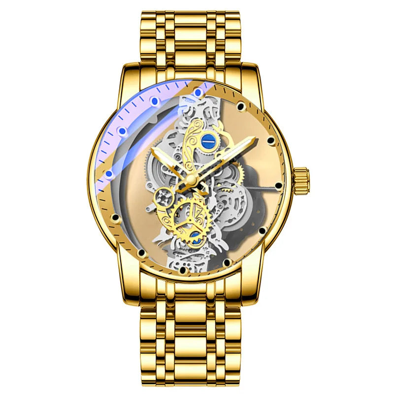 Montre tendance pour homme, modèle à double ouverture, style luxe doré, imitation tourbillon mécanique, mouvement à quartz.