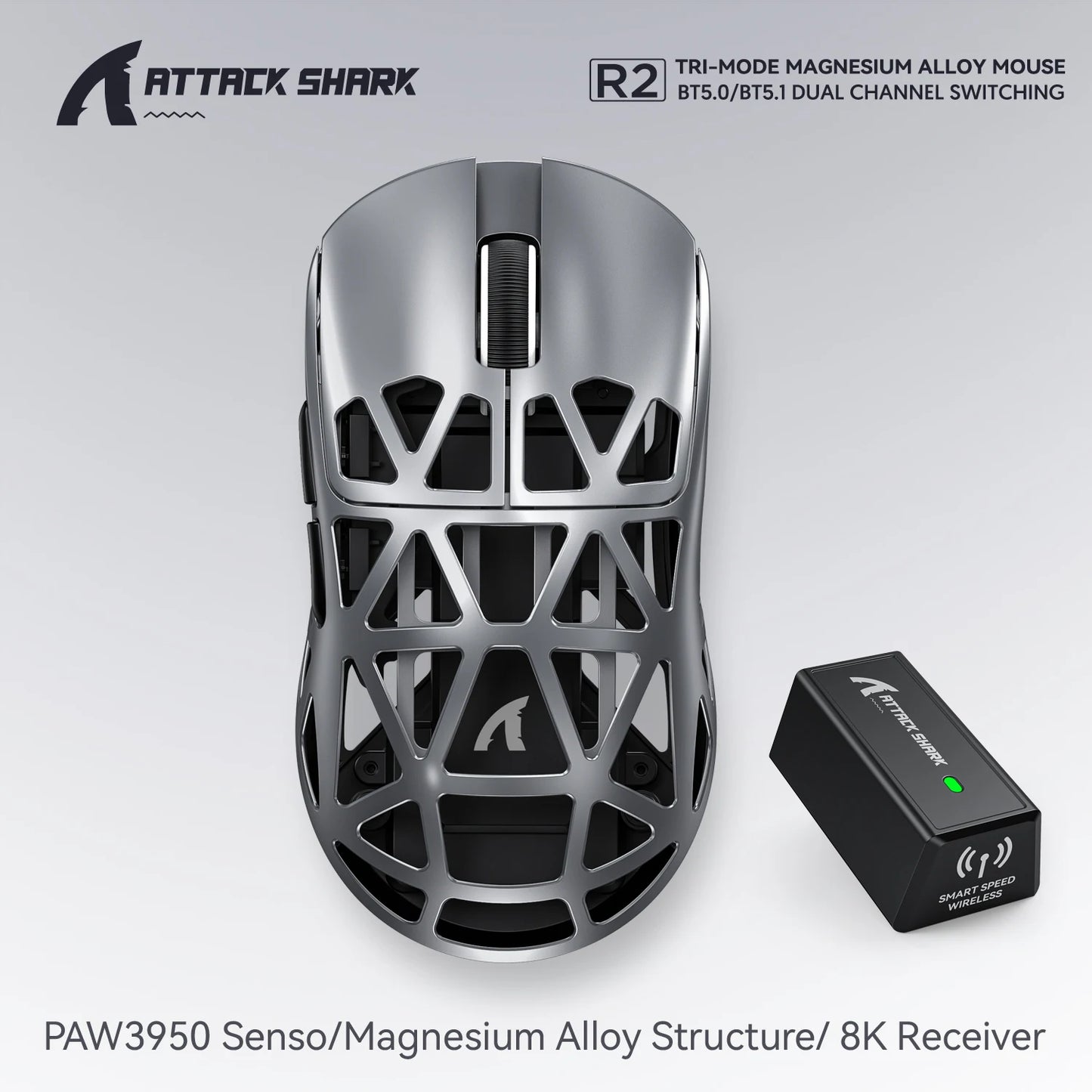 Attack Shark R2 bežični gaming miš PAW3950 8K od magnezijeve legure, lagani gaming miš s Bluetooth tri-mode povezivanjem za gaming/ured