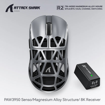 Attack Shark R2 bežični gaming miš PAW3950 8K od magnezijeve legure, lagani gaming miš s Bluetooth tri-mode povezivanjem za gaming/ured