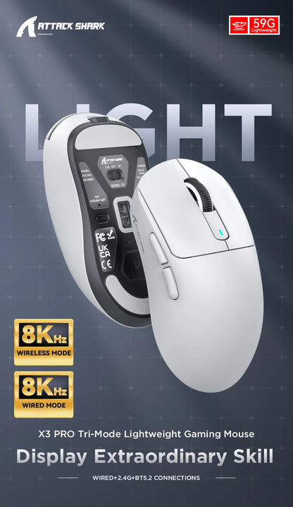 ATTACK SHARK X3/X3PRO 4K/8K trådlös gamingmus, 26K DPI, tri-mode (trådbunden/2.4GHz/BT5.2), lätt, PAW3395-sensor för gamers